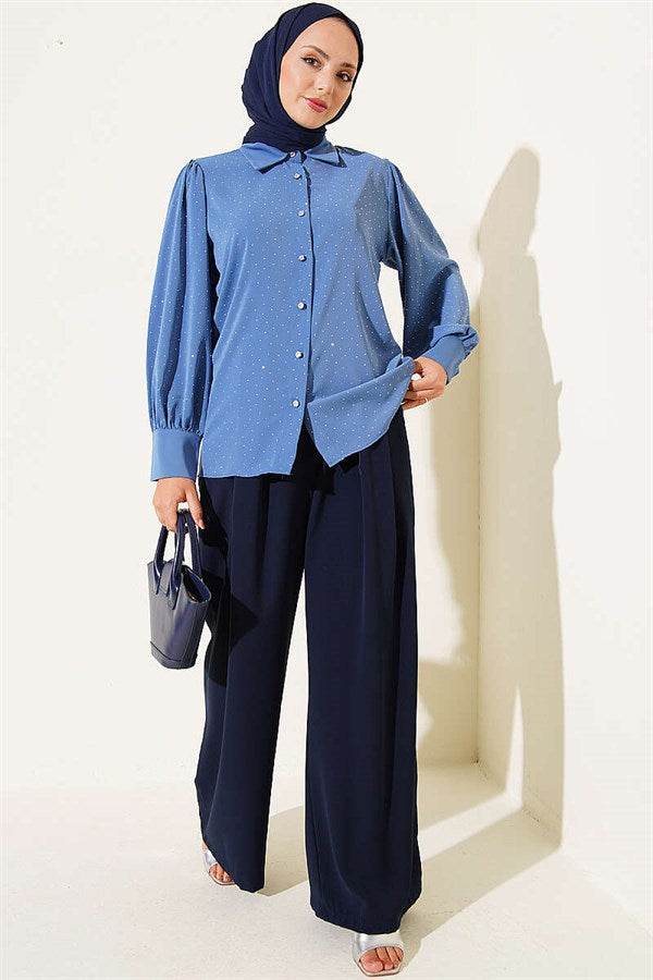 Mini Embellished Button Shirt Indigo