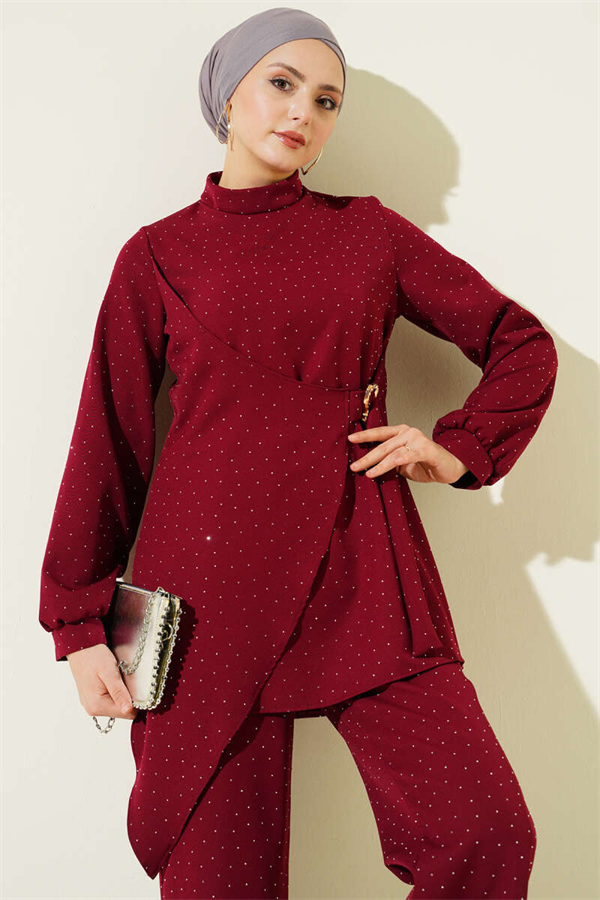 Mini Embellished Belt Detail 2 Piece Set in Burgundy