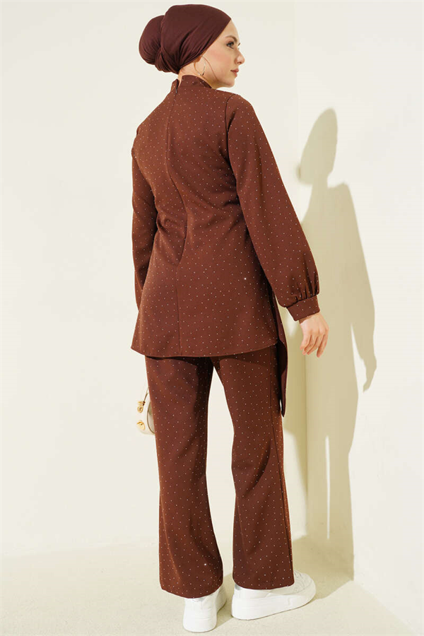 Mini Stone Embellished Belt Detail 2 Piece Set in Coffee Brown