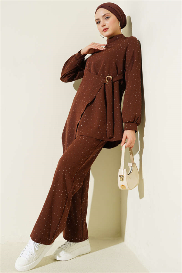 Mini Stone Embellished Belt Detail 2 Piece Set in Coffee Brown
