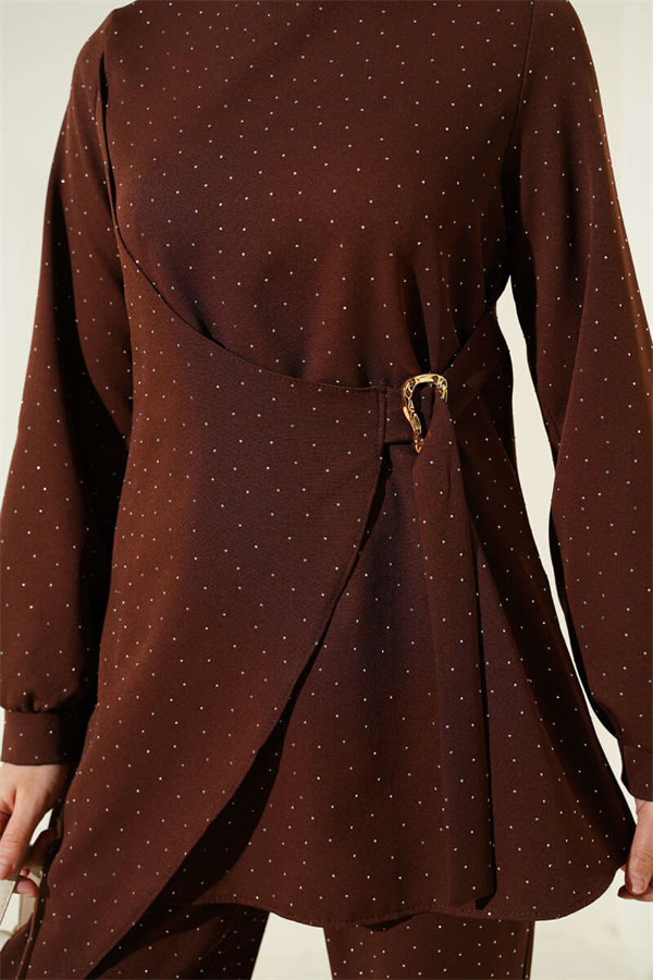 Mini Stone Embellished Belt Detail 2 Piece Set in Coffee Brown