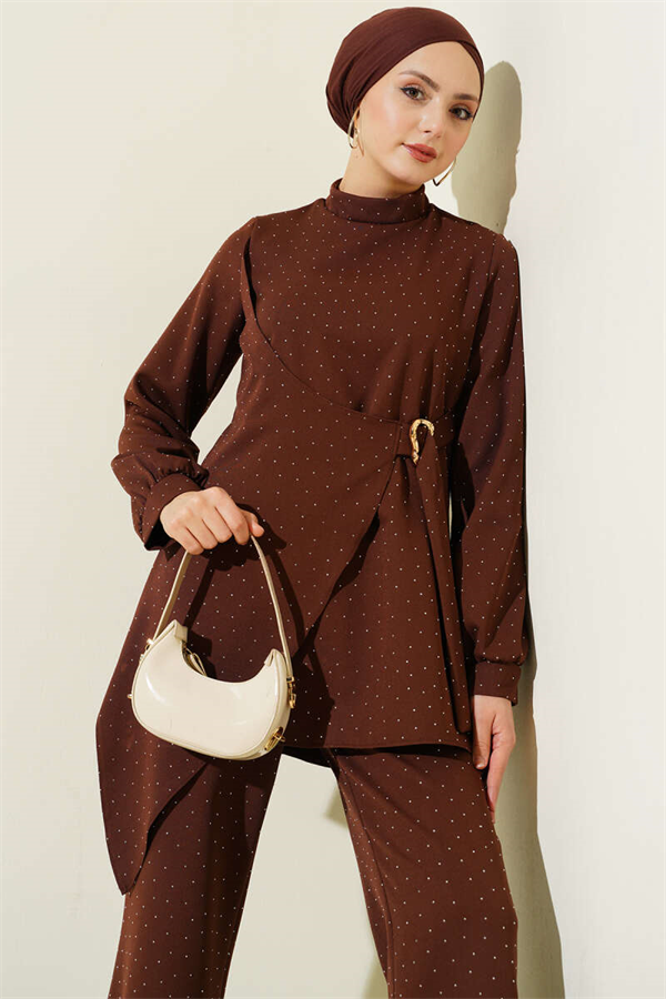 Mini Stone Embellished Belt Detail 2 Piece Set in Coffee Brown
