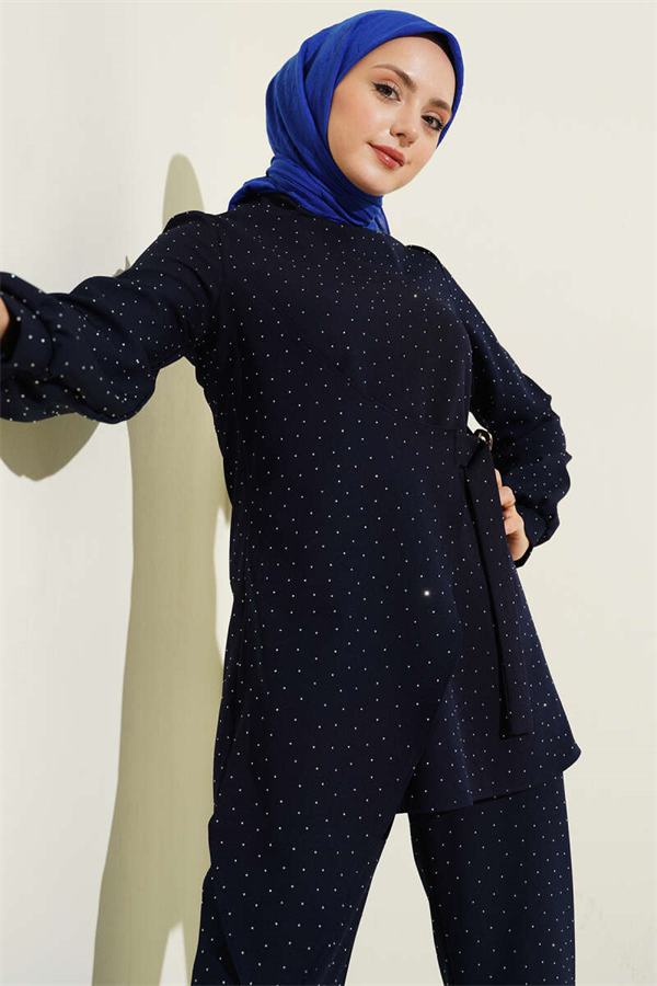 Mini 2 Piece Set with Rhinestone Belt Detail, Navy Blue