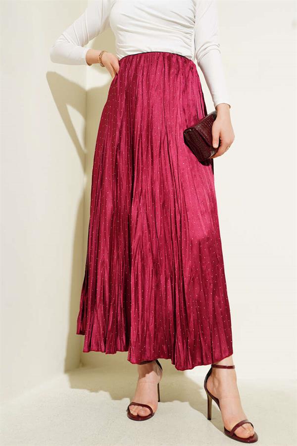 Mini Stone Pleated Satin Skirt Burgundy
