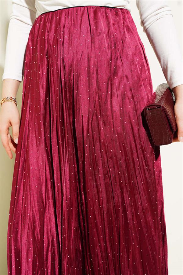 Mini Stone Pleated Satin Skirt Burgundy