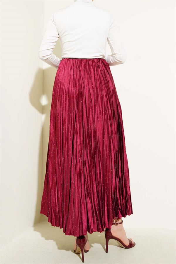 Mini Stone Pleated Satin Skirt Burgundy
