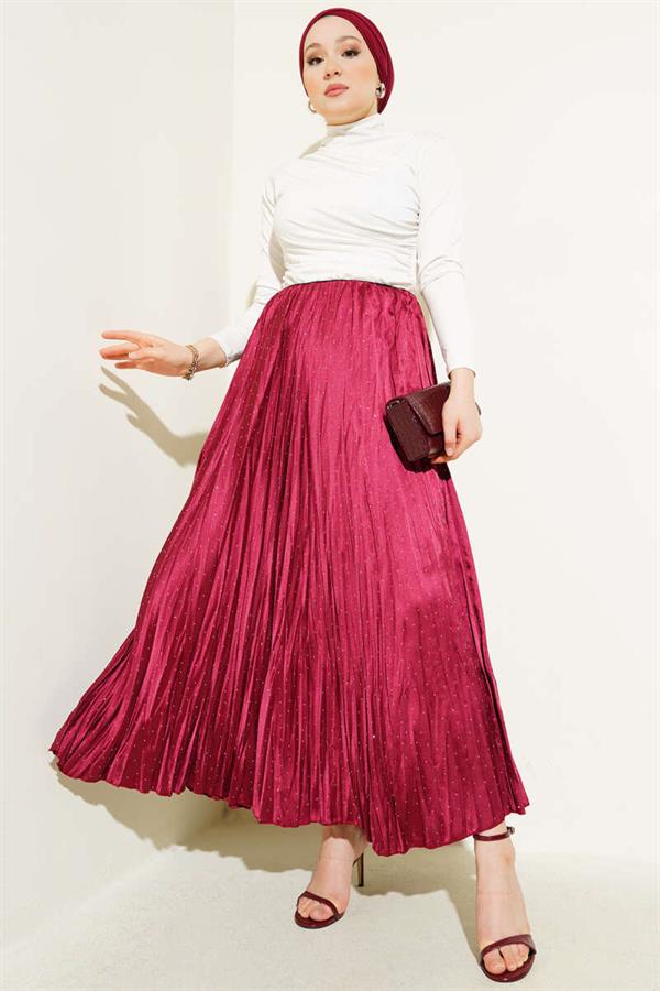 Mini Stone Pleated Satin Skirt Burgundy