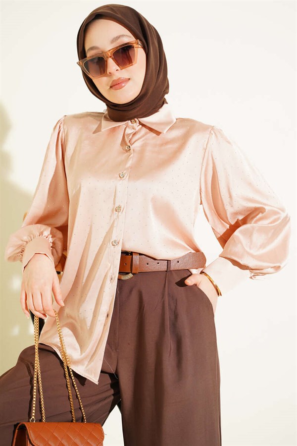 Mini Embellished Satin Shirt Latte