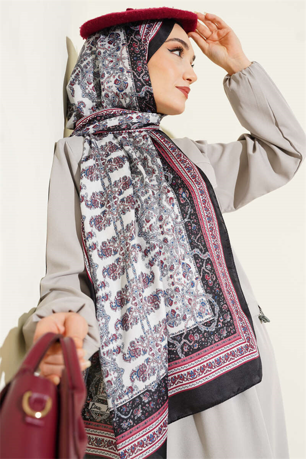 Soft Scarf with Tiny Flower Motifs, Black and Off-White