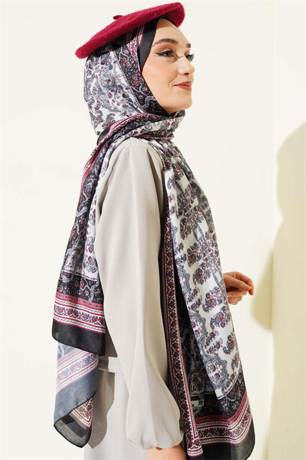 Soft Scarf with Tiny Flower Motifs, Black and Off-White