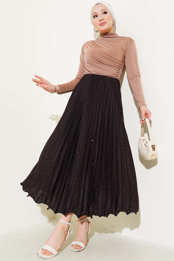 Pleated Skirt with Tiny Stones, Bitter Brown