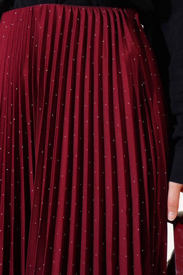 Pleated Skirt with Tiny Stones, Claret Red