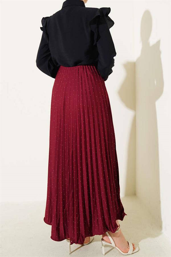 Pleated Skirt with Tiny Stones, Claret Red