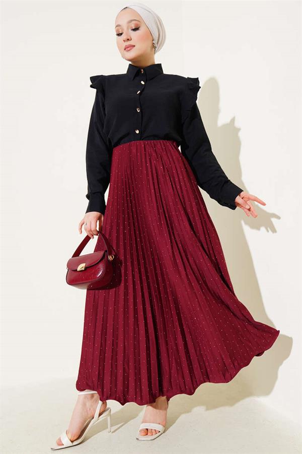 Pleated Skirt with Tiny Stones, Claret Red