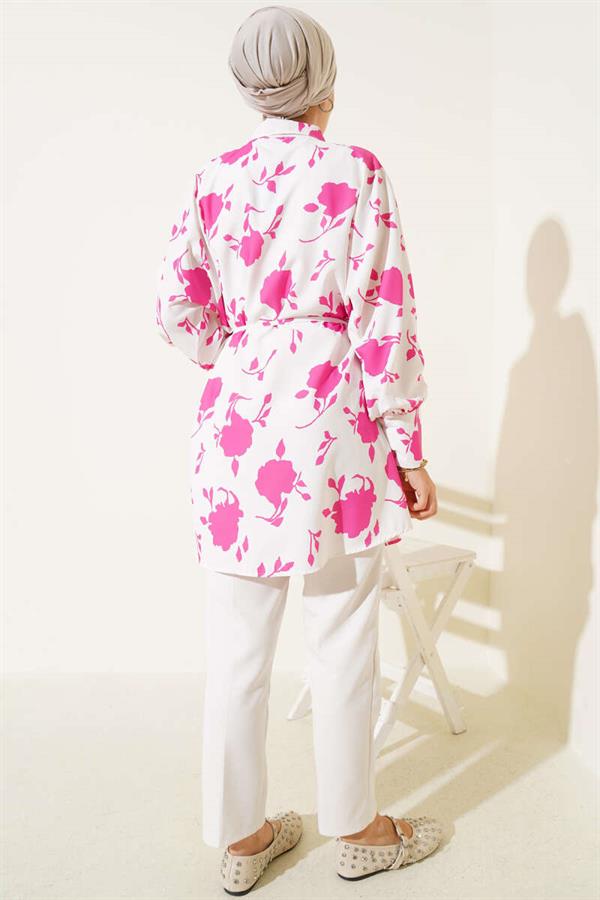 Tiny Leaf Patterned Rope Belted Shirt Fuchsia