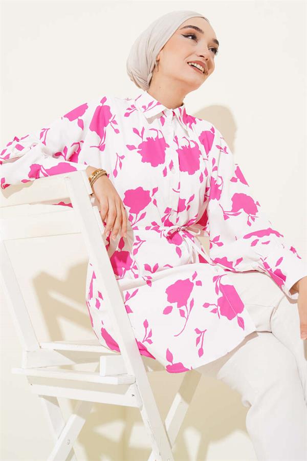 Tiny Leaf Patterned Rope Belted Shirt Fuchsia