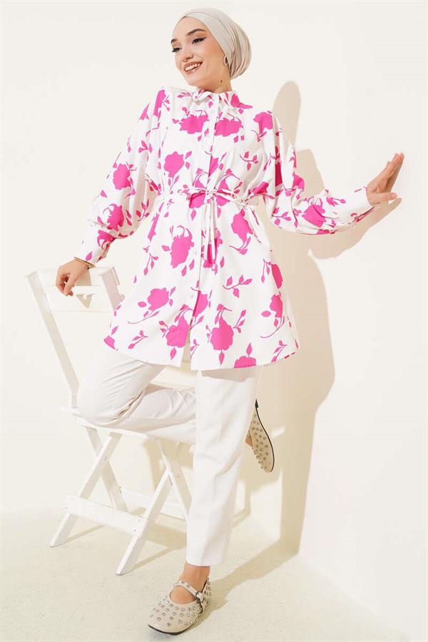Tiny Leaf Patterned Rope Belted Shirt Fuchsia