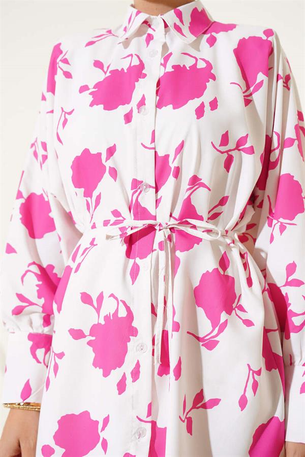 Tiny Leaf Patterned Rope Belted Shirt Fuchsia