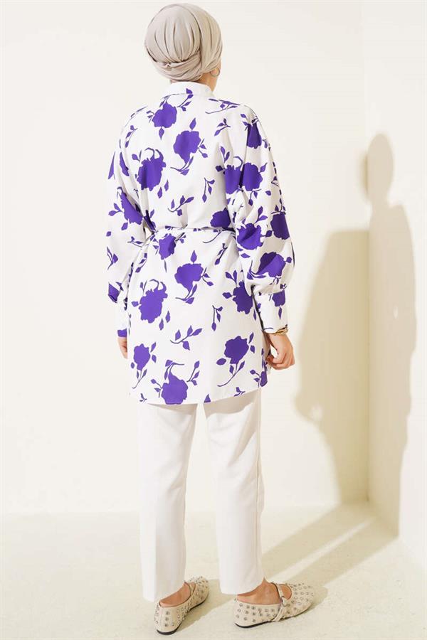 Tiny Leaf Patterned Rope Belted Shirt Purple