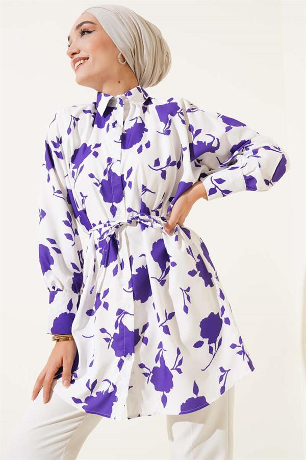 Tiny Leaf Patterned Rope Belted Shirt Purple