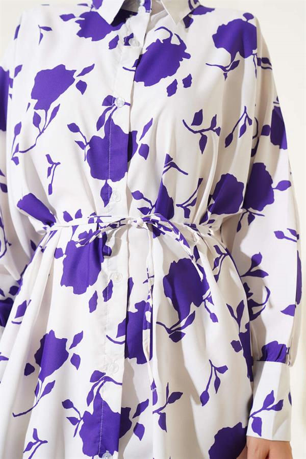 Tiny Leaf Patterned Rope Belted Shirt Purple