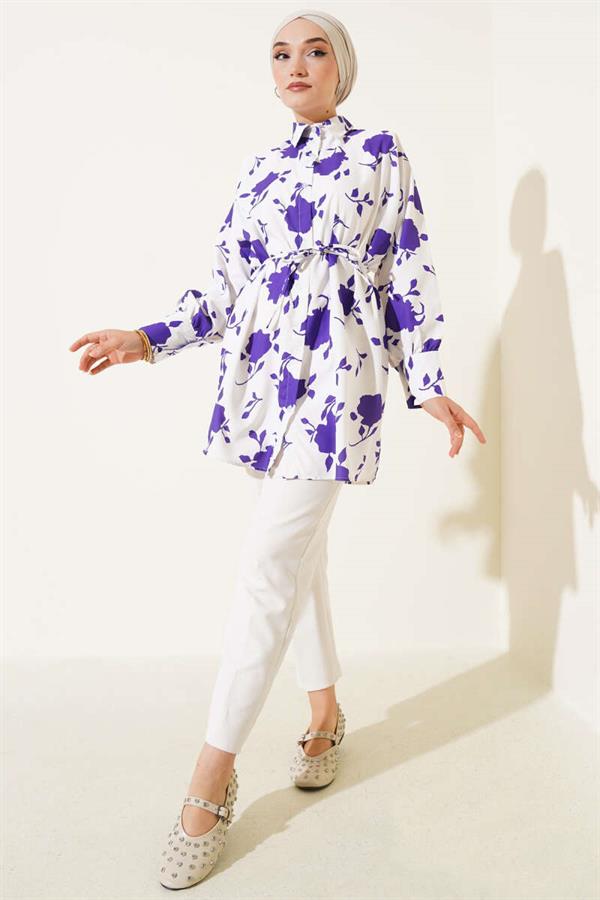 Tiny Leaf Patterned Rope Belted Shirt Purple