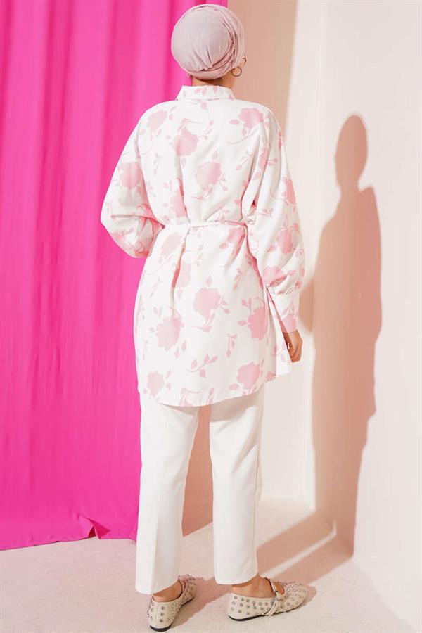 Pink Shirt with Tiny Leaf Pattern and Rope Belt