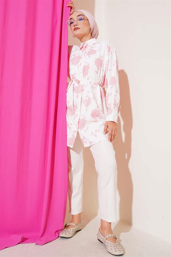 Pink Shirt with Tiny Leaf Pattern and Rope Belt