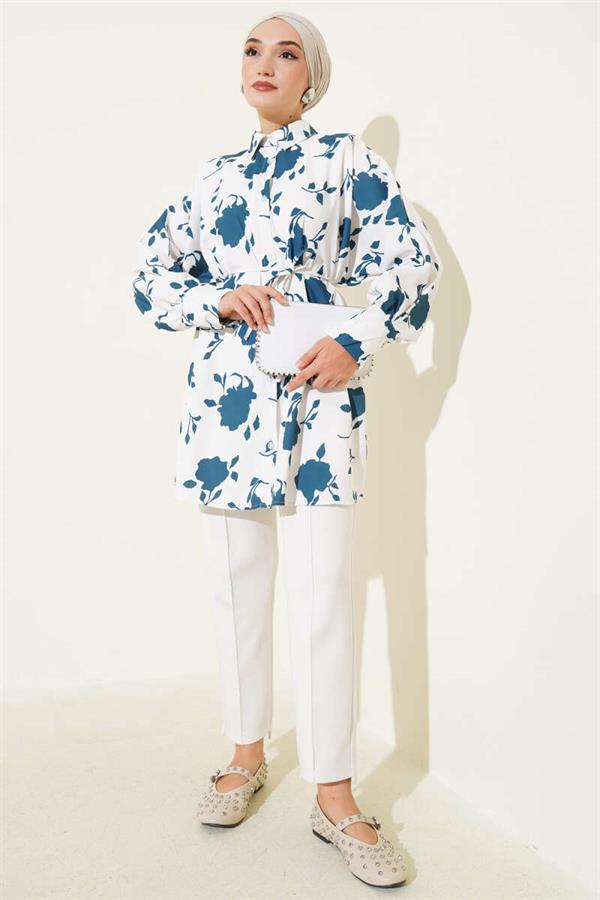 Tiny Leaf Patterned Rope Belted Shirt Petrol