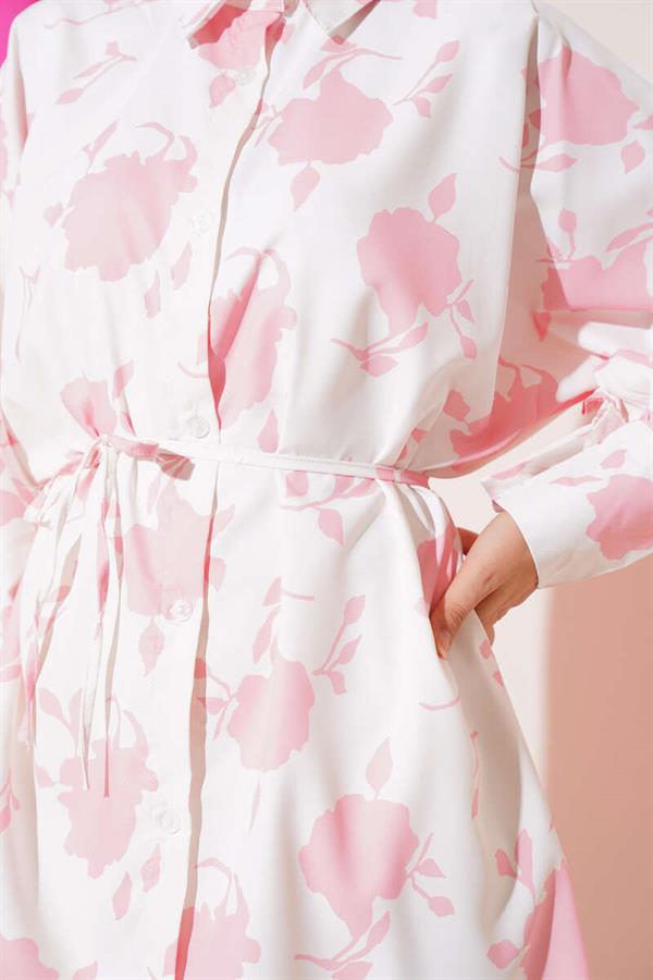 Pink Shirt with Tiny Leaf Pattern and Rope Belt