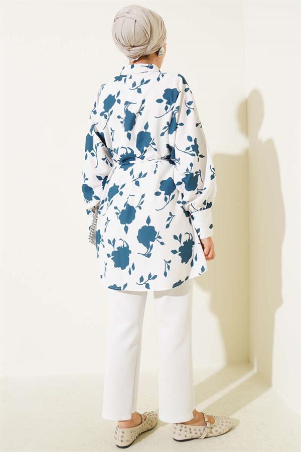 Tiny Leaf Patterned Rope Belted Shirt Petrol