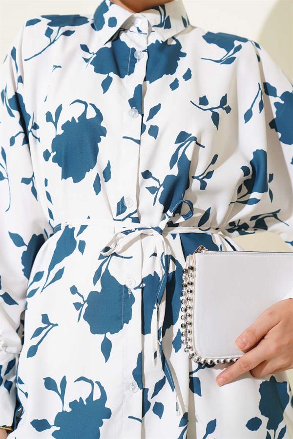 Tiny Leaf Patterned Rope Belted Shirt Petrol