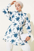 Tiny Leaf Patterned Rope Belted Shirt Petrol