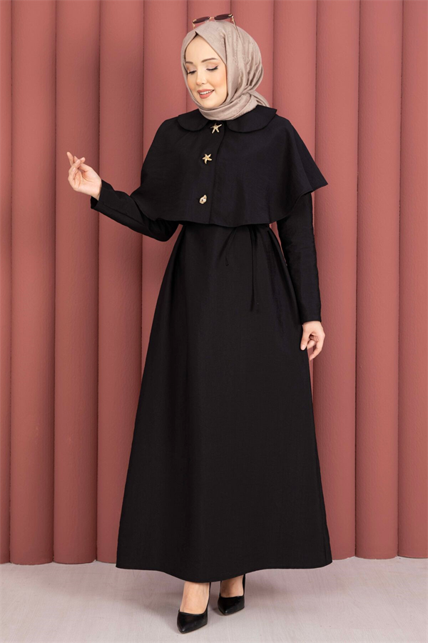 Minimalist Cape Detail Lace-Up Dress Black