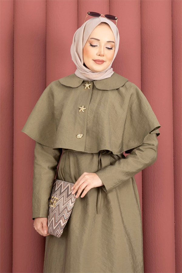 Minimalist Cape Detail Lace-Up Dress Khaki