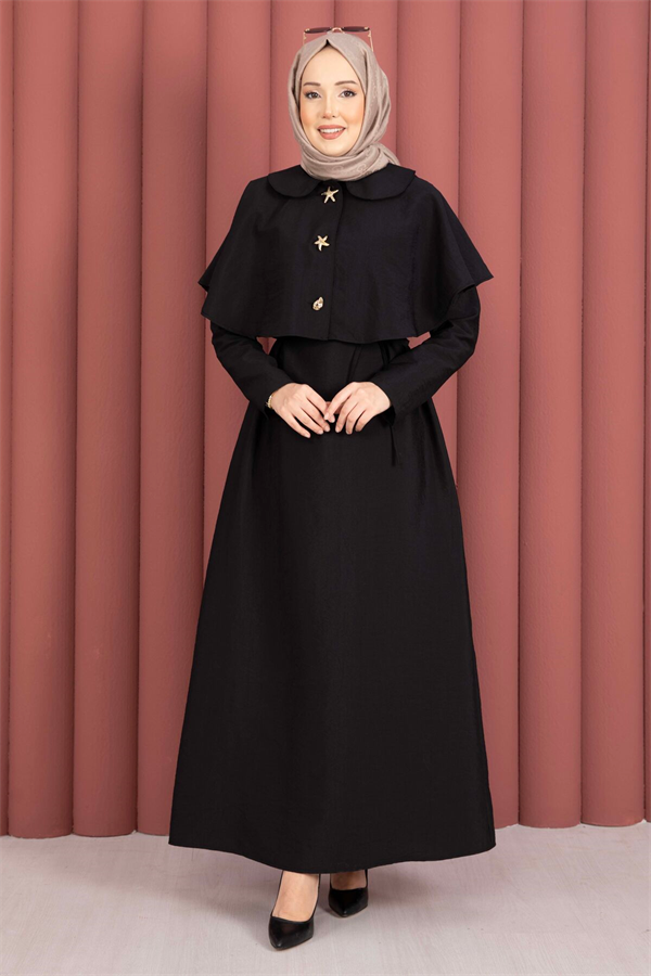 Minimalist Cape Detail Lace-Up Dress Black