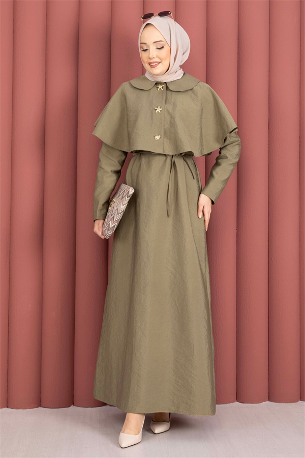 Minimalist Cape Detail Lace-Up Dress Khaki