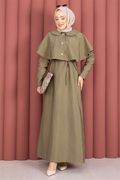 Minimalist Cape Detail Lace-Up Dress Khaki