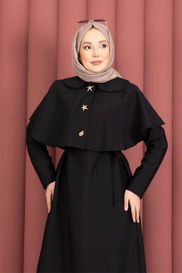 Minimalist Cape Detail Lace-Up Dress Black