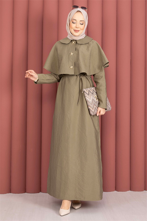 Minimalist Cape Detail Lace-Up Dress Khaki