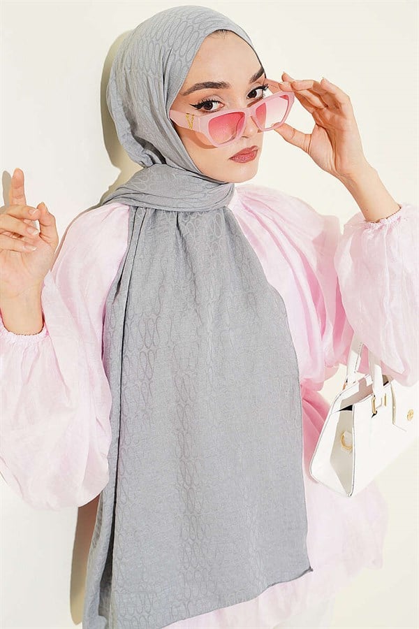 Monogram Pattern Cotton Ayrobin Scarf Grey