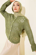Motif Pattern Openwork Short Cardigan Khaki
