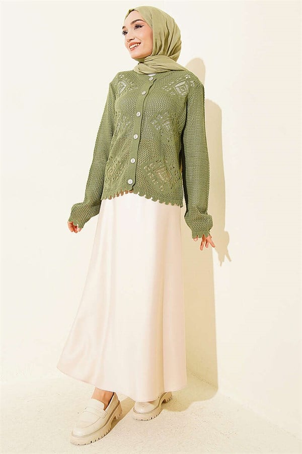 Motif Pattern Openwork Short Cardigan Khaki