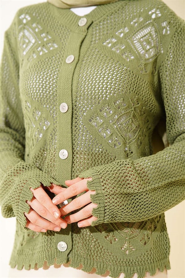 Motif Pattern Openwork Short Cardigan Khaki