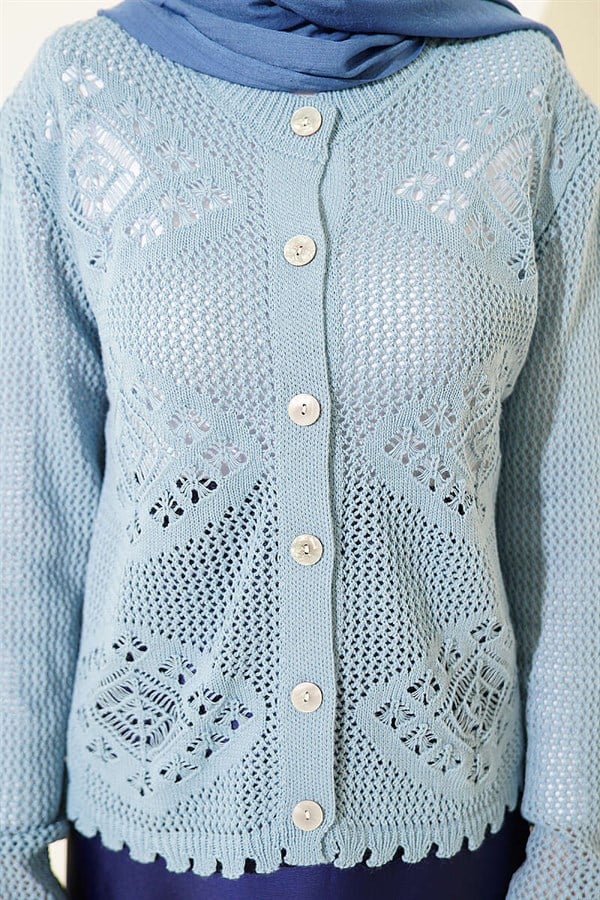 Motif Pattern Openwork Short Cardigan Indigo