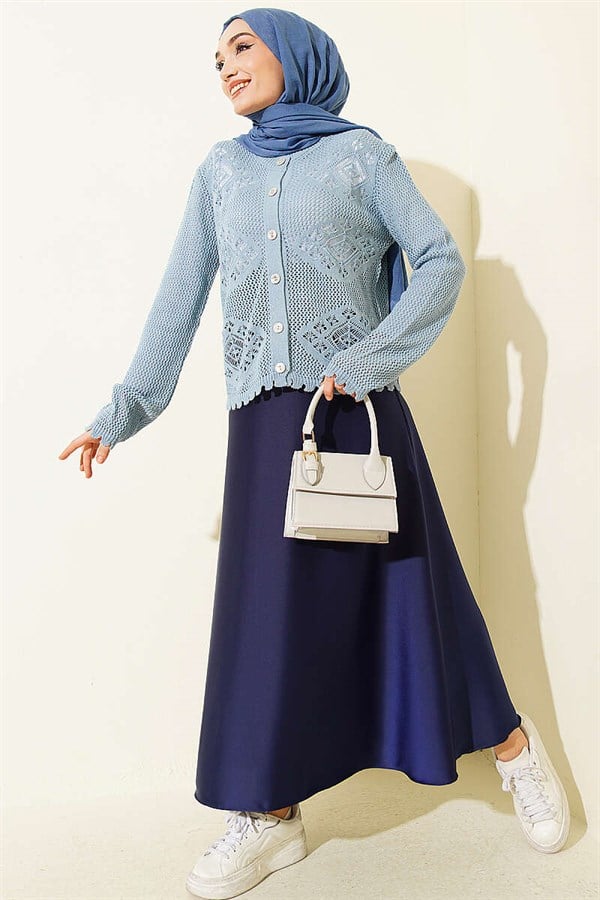 Motif Pattern Openwork Short Cardigan Indigo