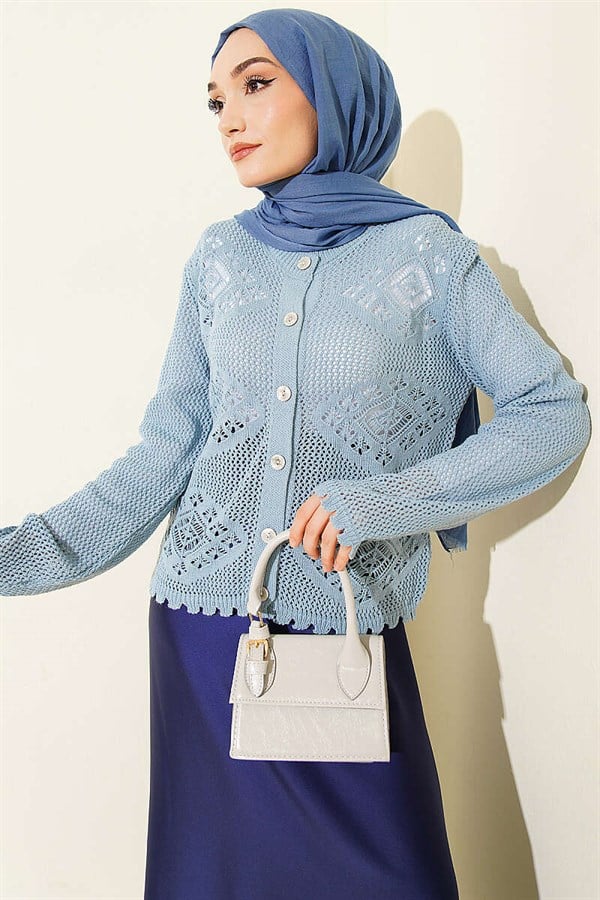 Motif Pattern Openwork Short Cardigan Indigo