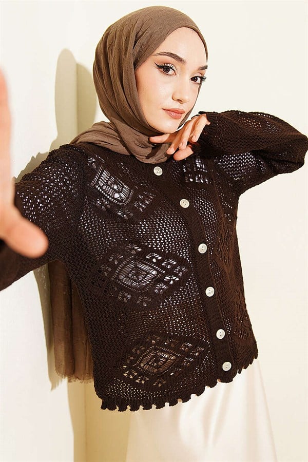 Motif Pattern Openwork Short Cardigan Brown