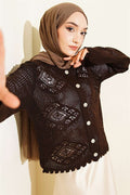 Motif Pattern Openwork Short Cardigan Brown