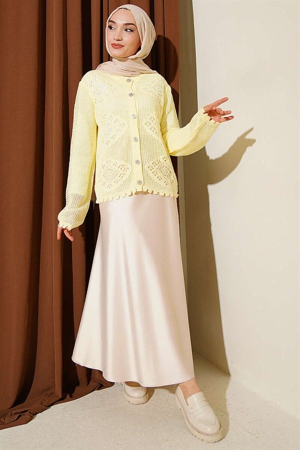 Motif Pattern Openwork Short Cardigan Yellow